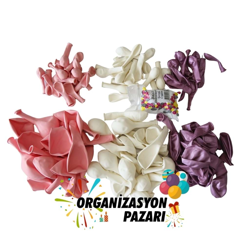 Balon Seti Makaron Pembe-Krom Pembe-Pastel Beyaz 60 Lı Balon Zinciri Seti