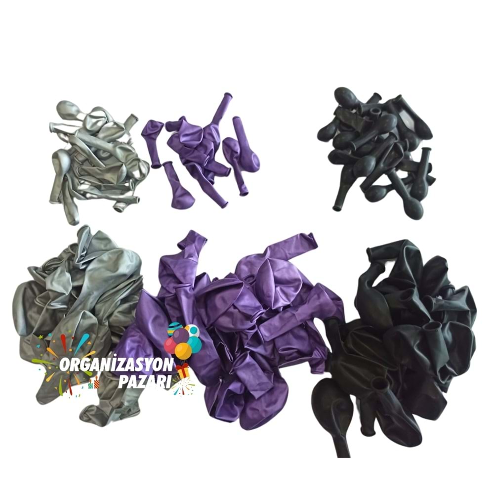 Balon Seti Krom Gümüş-Krom Mor-Siyah 60 Lı Balon Zinciri Seti