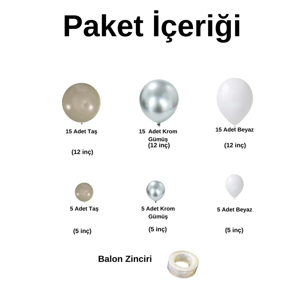 Balon Seti Krom Gümüş-Taş Rengi-Pastel Beyaz 60 Lı Balon Zinciri Seti