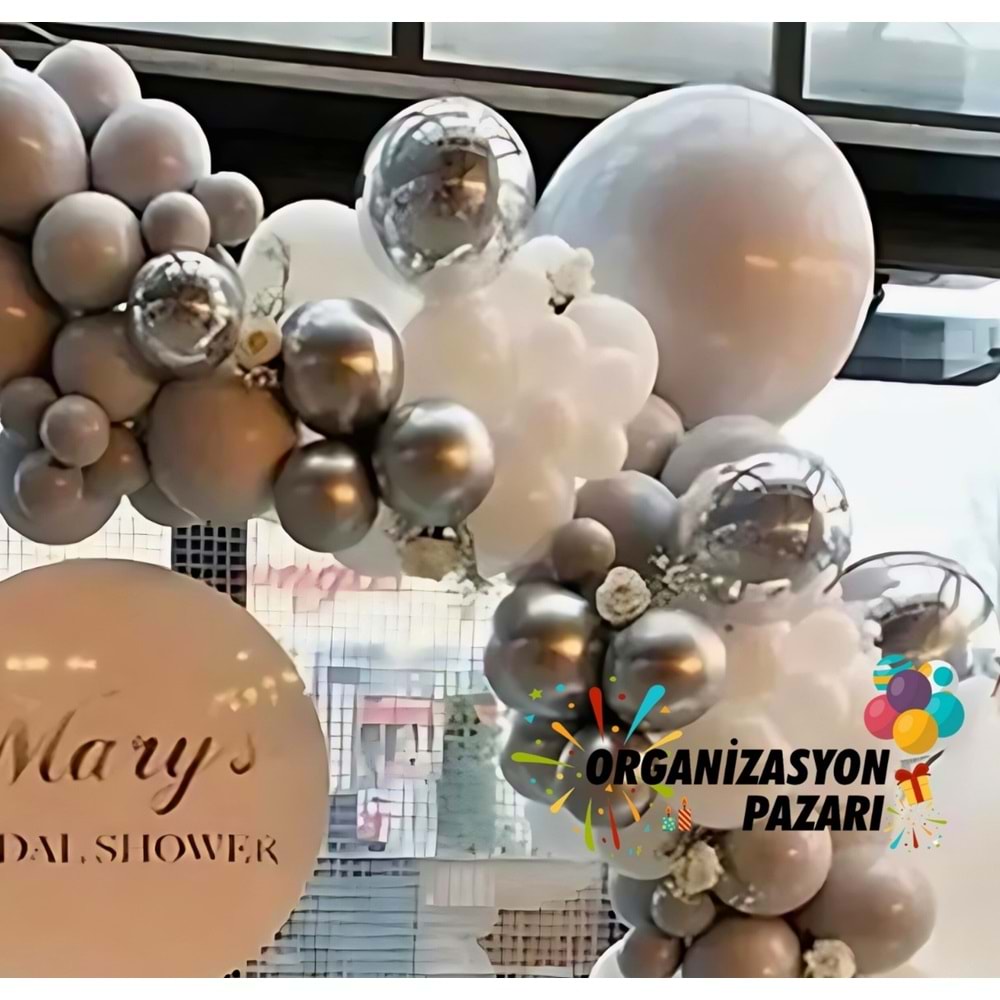 Balon Seti Krom Gümüş-Taş Rengi-Pastel Beyaz 60 Lı Balon Zinciri Seti