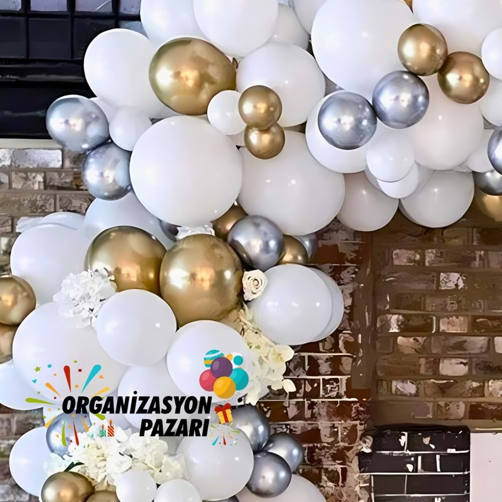 Balon Seti Krom Gümüş-Krom Gold-Pastel Beyaz 60 Lı Balon Zinciri Seti