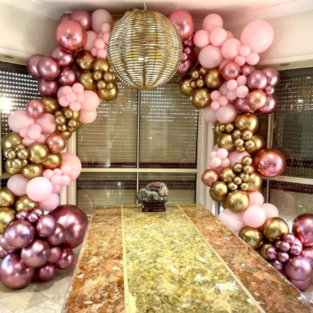 Balon Seti Krom Gold-Krom Pembe-Pastel Pembe 60 Lı Balon Zinciri Seti