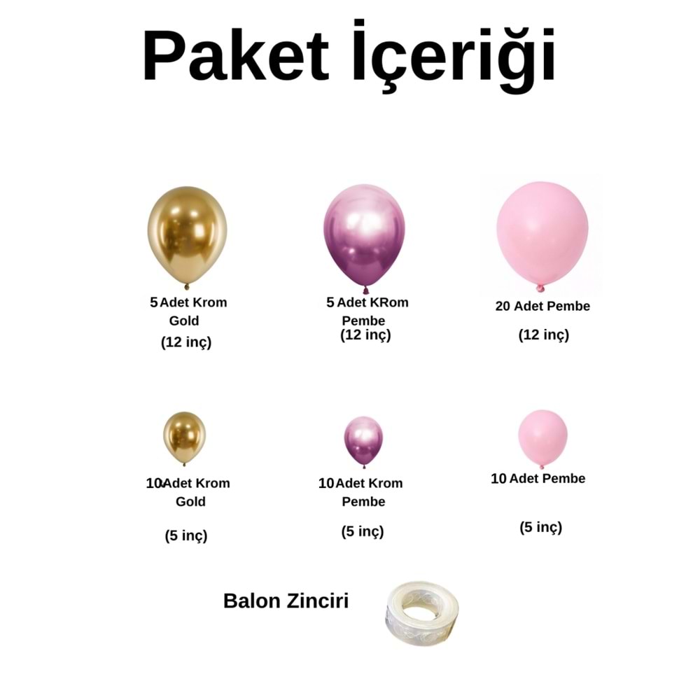Balon Seti Krom Gold-Krom Pembe-Pastel Pembe 60 Lı Balon Zinciri Seti
