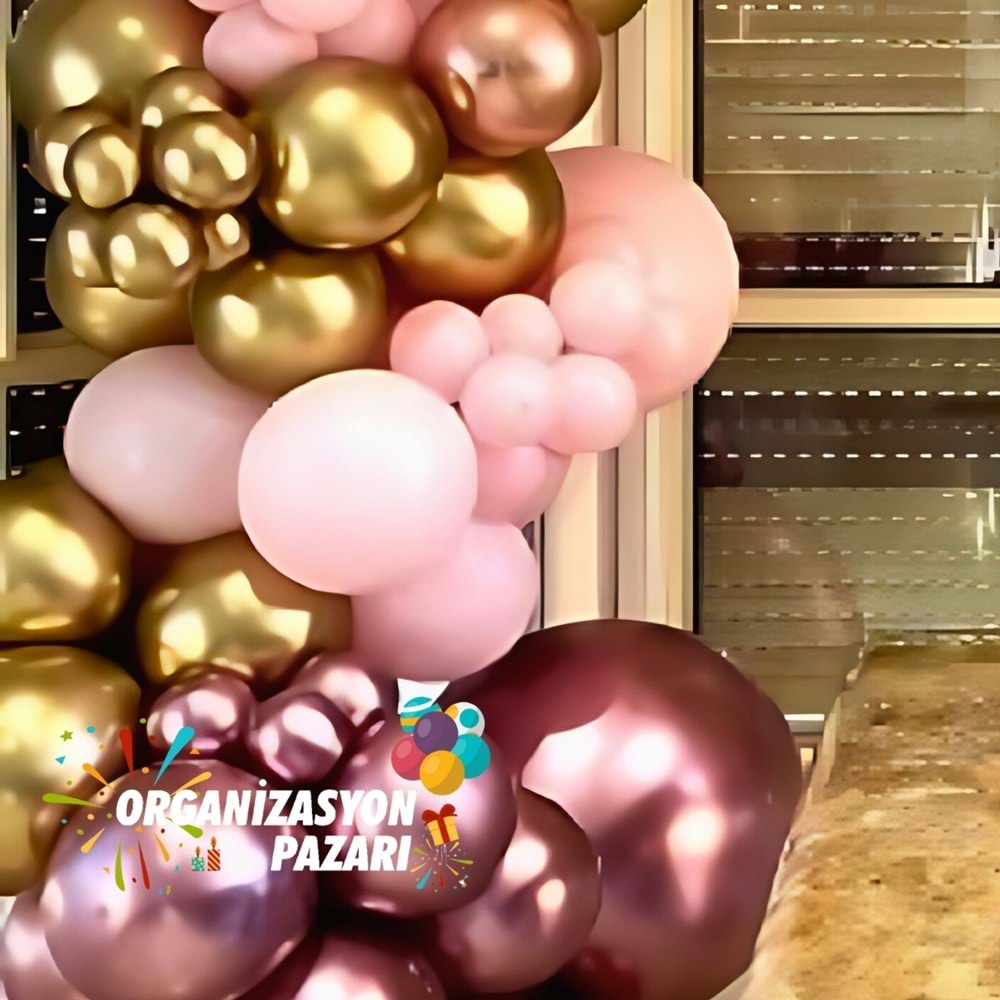 Balon Seti Krom Gold-Krom Pembe-Pastel Pembe 60 Lı Balon Zinciri Seti