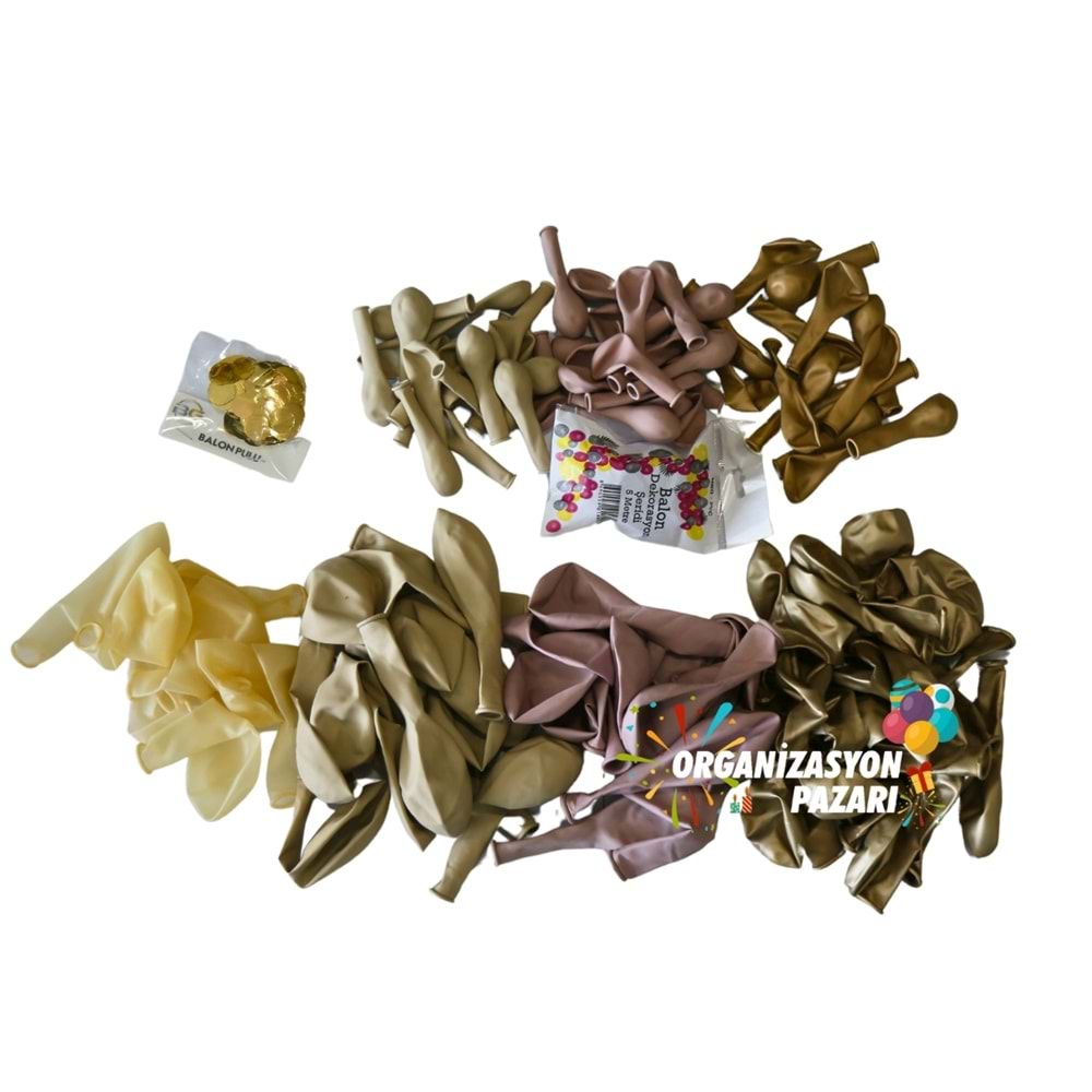 Balon Seti Pink Blush-Deniz Kumu-Krom Gold-Şeffaf 60 Lı Balon Zinciri Seti +10GrGoldPul