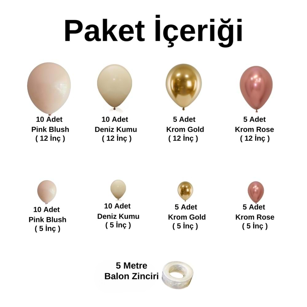 Balon Seti Pink Blush-Deniz Kumu-Krom Rose Gold-Krom Gold 60 Lı Balon Zinciri Seti