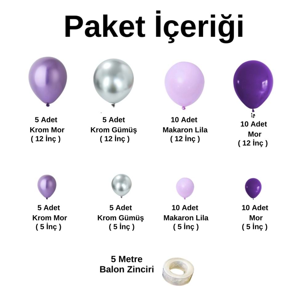 Balon Seti Krom Mor-Krom Gümüş-Makaron Lila-Mor 60 Lı Balon Zinciri Seti