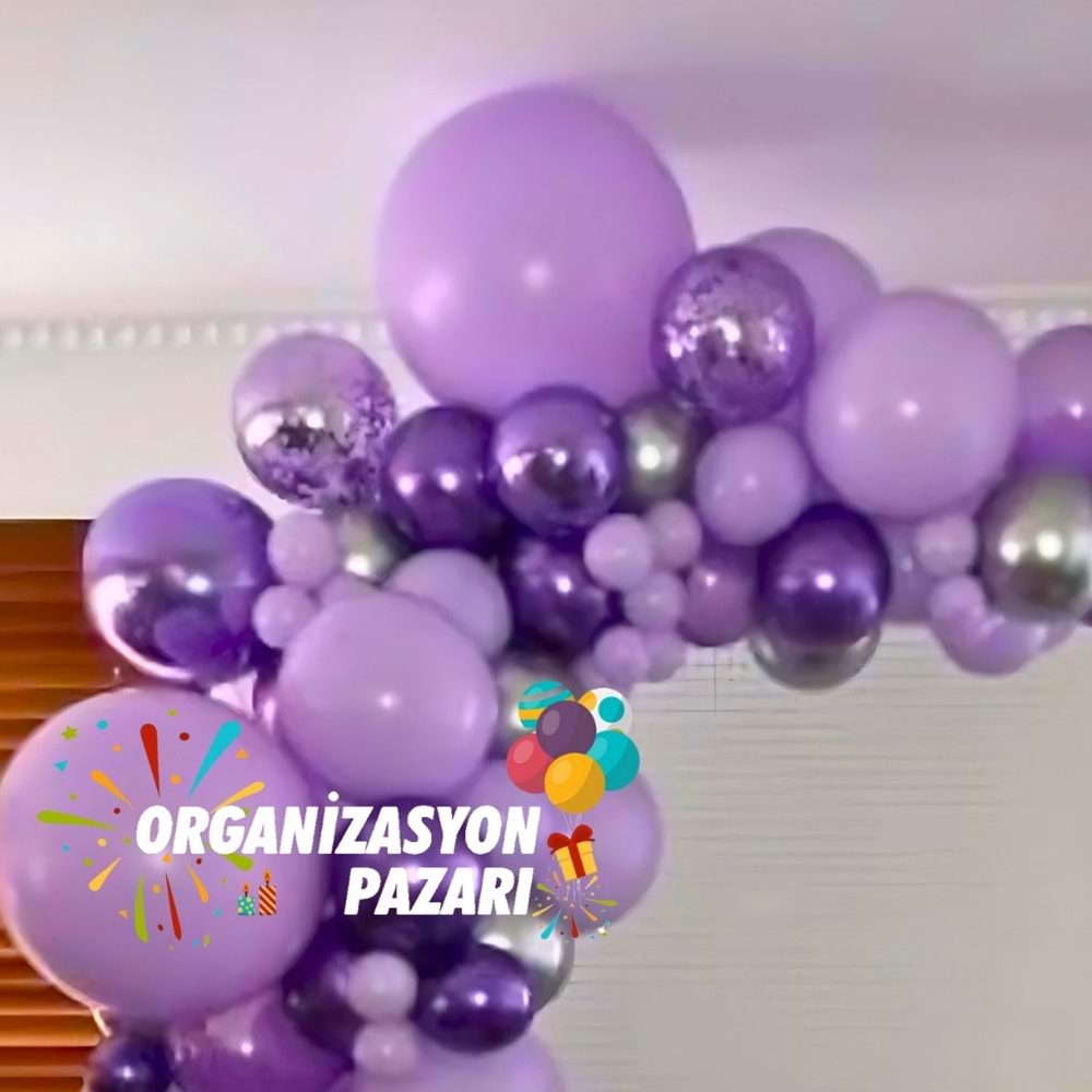 Balon Seti Krom Mor-Krom Gümüş-Makaron Lila-Mor 60 Lı Balon Zinciri Seti