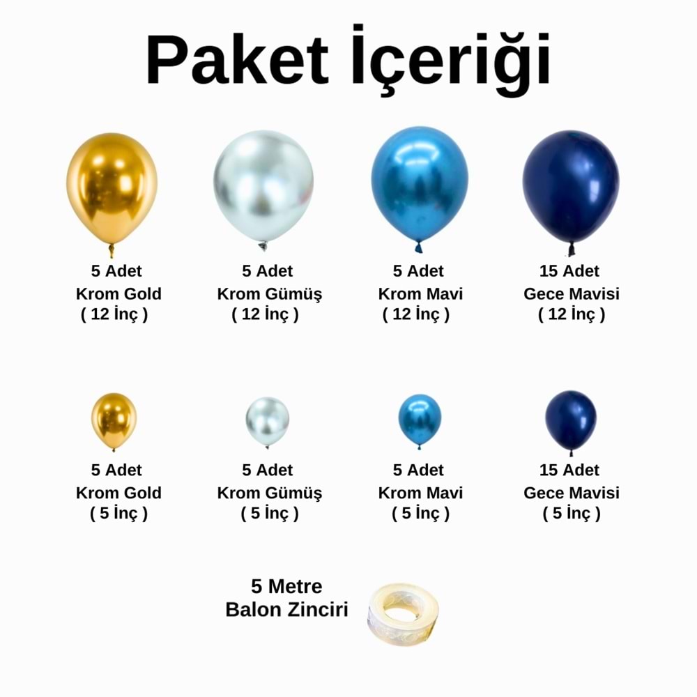 Balon Seti Krom Gold-Krom Gümüş-Krom Mavi-Gece Mavisi 60 Lı Balon Zinciri Seti