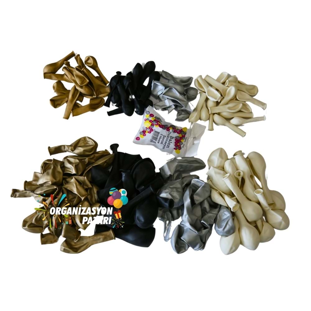 Balon Seti Krom Gold-Krom Gümüş-Siyah-Beyaz 60 Lı Balon Zinciri Seti