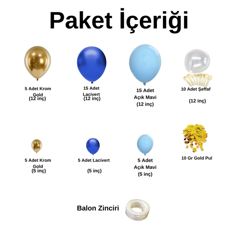 Balon Seti Krom Gold-Lacivert-Pastel Mavi-Şeffaf 60 Lı Balon Zinciri Seti + 10GrBalonPulu