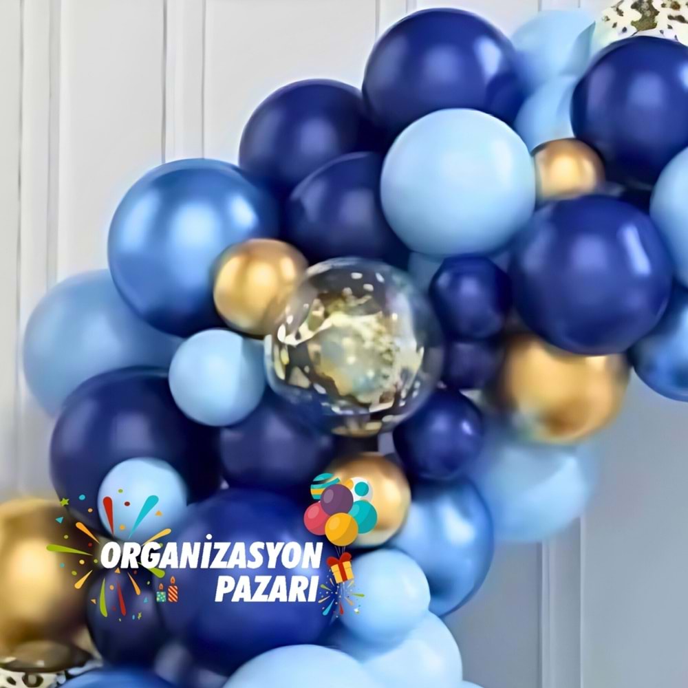 Balon Seti Krom Gold-Lacivert-Pastel Mavi-Şeffaf 60 Lı Balon Zinciri Seti + 10GrBalonPulu