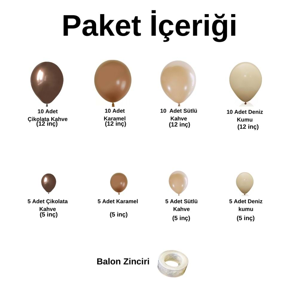 Balon Seti Çikolata Kahve-Karamel-Sütlü Kahve-Deniz Kumu Retro 60 Lı Balon Zinciri Seti