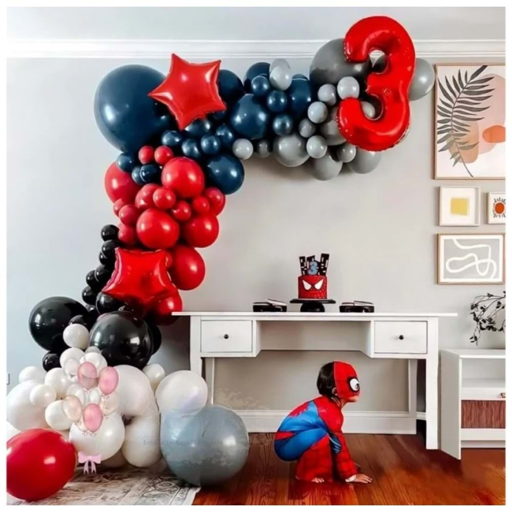 Balon Seti Kırmızı-Siyah-Beyaz-Gece Mavisi-Gri Pastel 60 Lı Balon Zinciri Seti