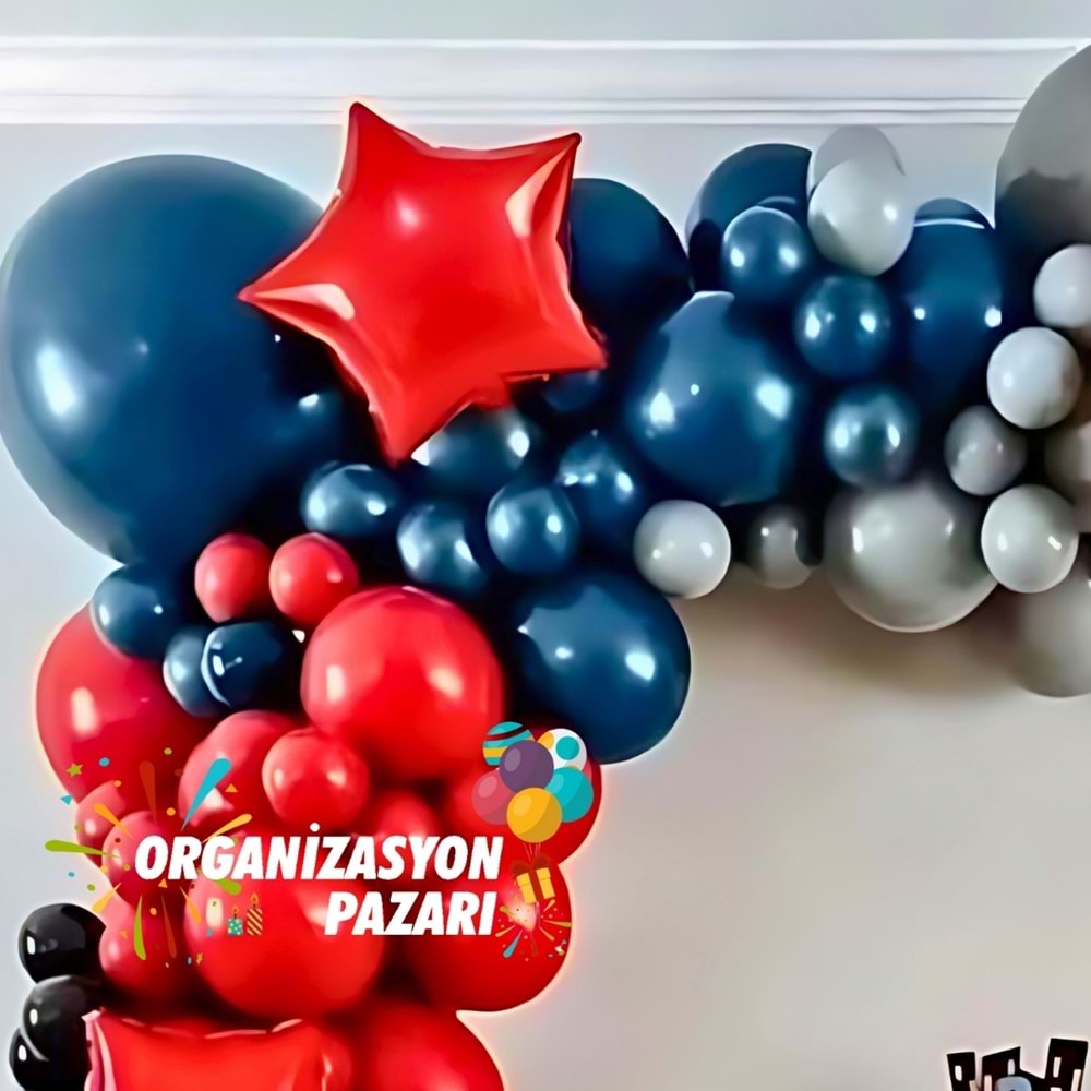 Balon Seti Kırmızı-Siyah-Beyaz-Gece Mavisi-Gri Pastel 60 Lı Balon Zinciri Seti