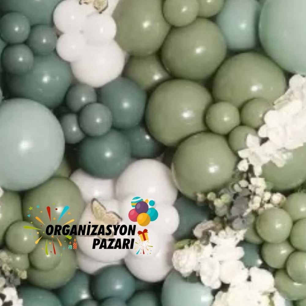 Balon Seti Adaçayı-Kış Yeşili-Okaliptus-Bej-Beyaz 60 Lı Balon Zinciri Seti