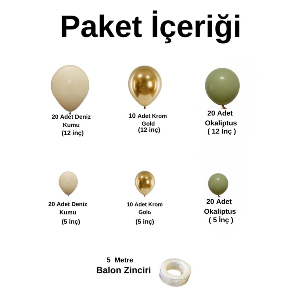 Balon Seti Krom Gold-Deniz Kumu-Okaliptus 100 Lü Balon Zinciri Seti