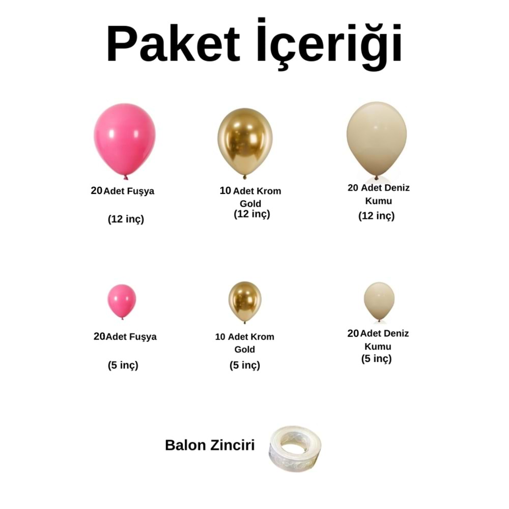 Balon Seti Fuşya-Krom Gold-Deniz Kumu 100 Lü Balon Zinciri Seti