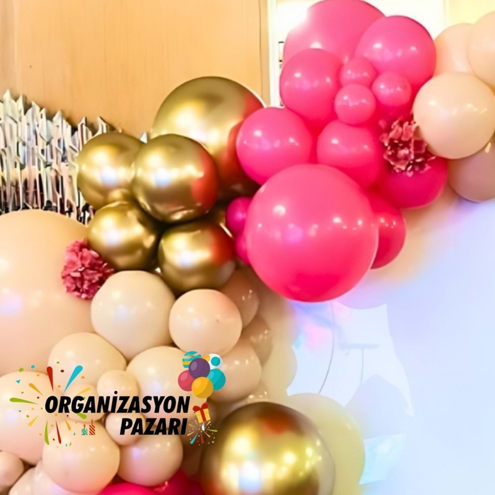 Balon Seti Fuşya-Krom Gold-Deniz Kumu 100 Lü Balon Zinciri Seti