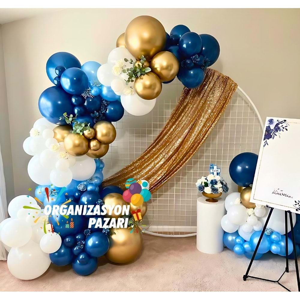 Balon Seti Gece Mavisi-Metalik Açık Mavi-Beyaz-Krom Gold 100 Lü Balon Zinciri Seti