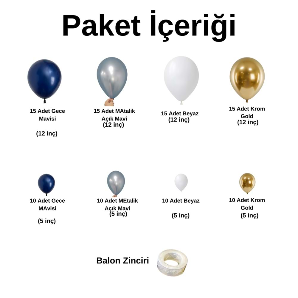 Balon Seti Gece Mavisi-Metalik Açık Mavi-Beyaz-Krom Gold 100 Lü Balon Zinciri Seti