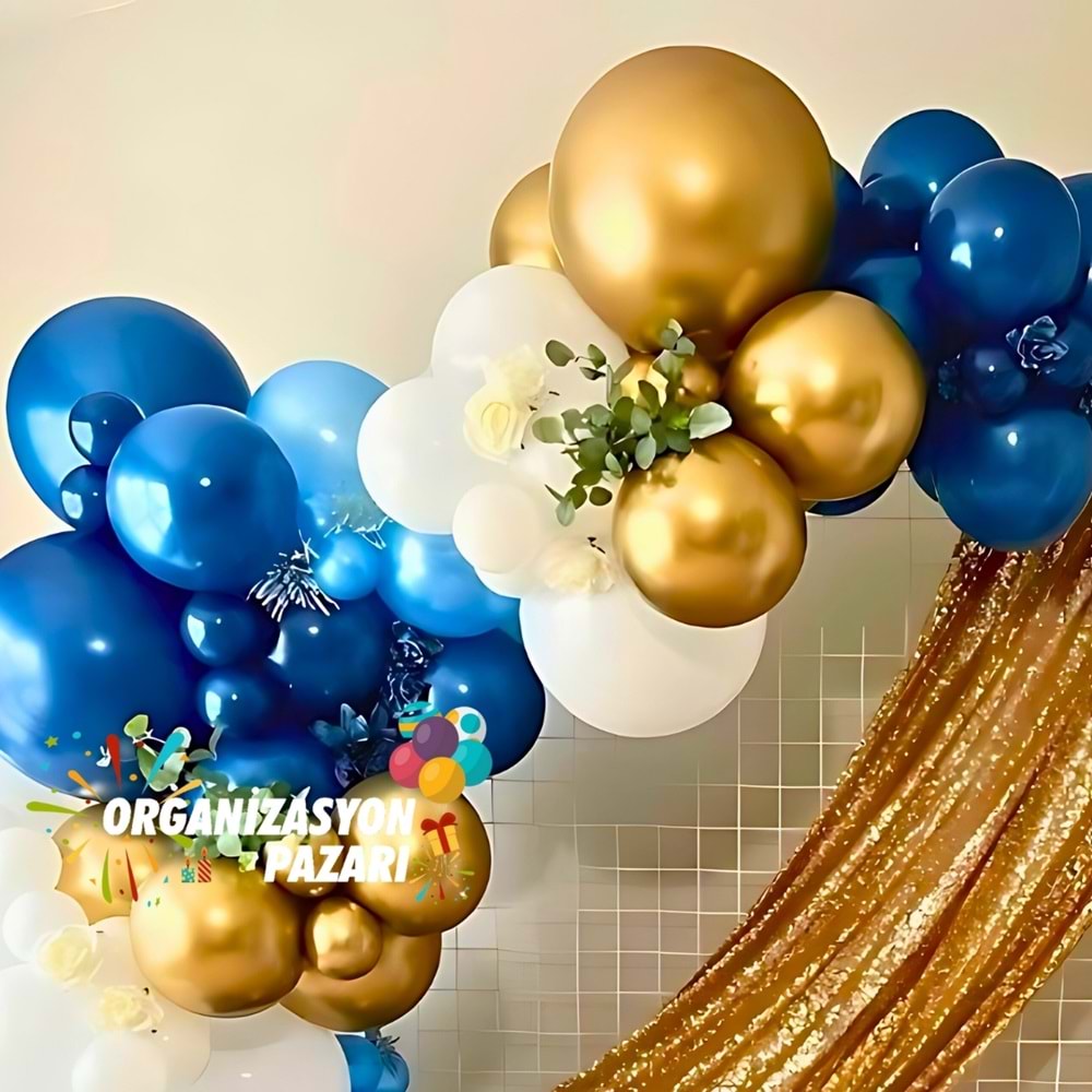 Balon Seti Gece Mavisi-Metalik Açık Mavi-Beyaz-Krom Gold 100 Lü Balon Zinciri Seti