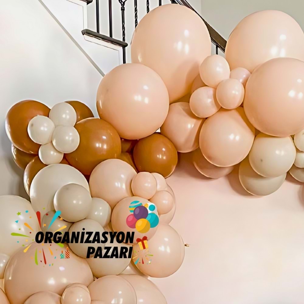 Balon Seti Karamel-Retro Beyaz-Makaron Somon 100 Lü Balon Zinciri Seti