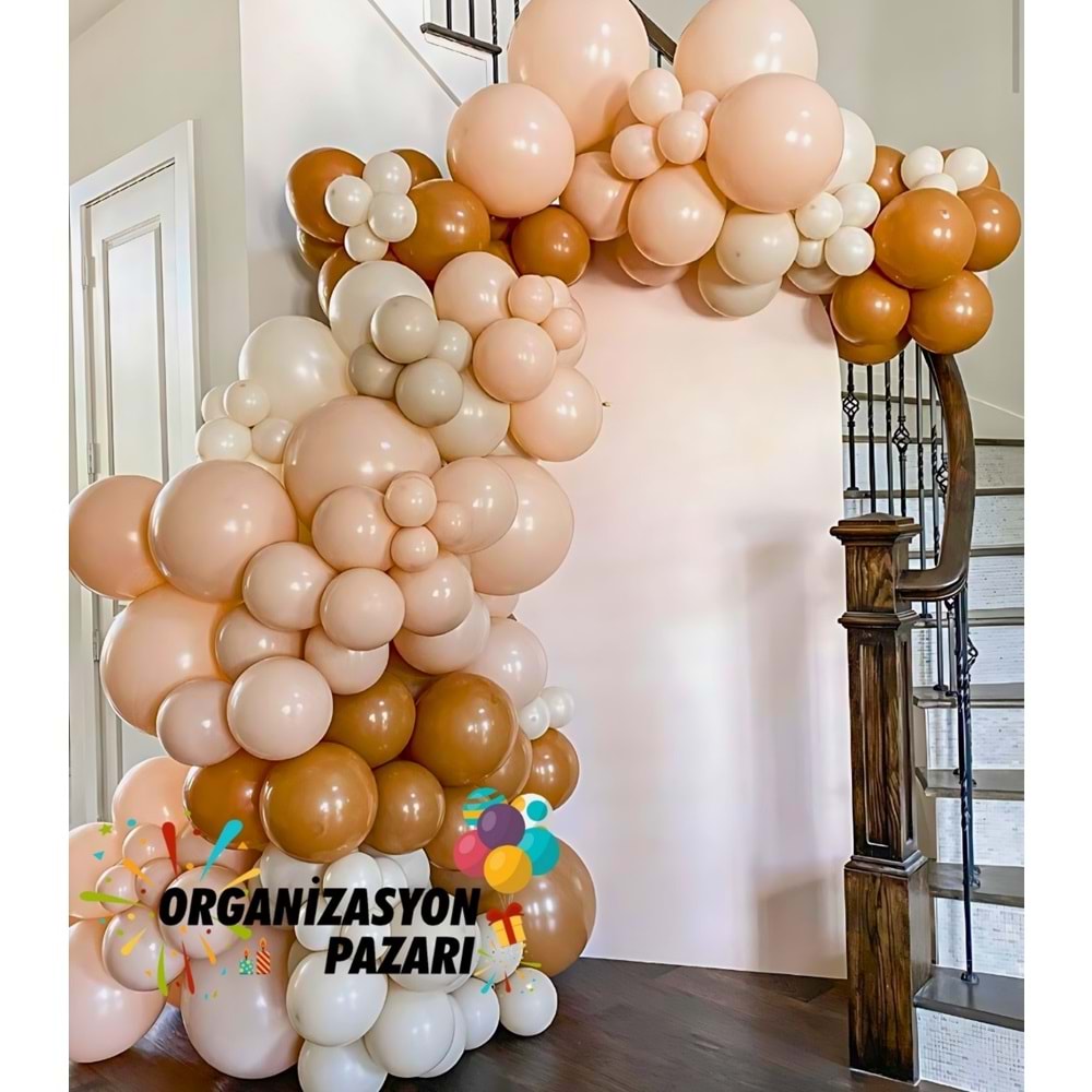 Balon Seti Karamel-Retro Beyaz-Makaron Somon 60 Lı Balon Zinciri Seti