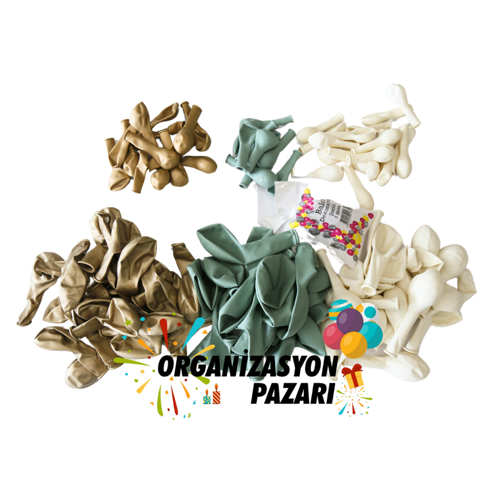 Balon Seti Kış Yeşili-Beyaz-Krom Gold 60 Lı Balon Zinciri Seti