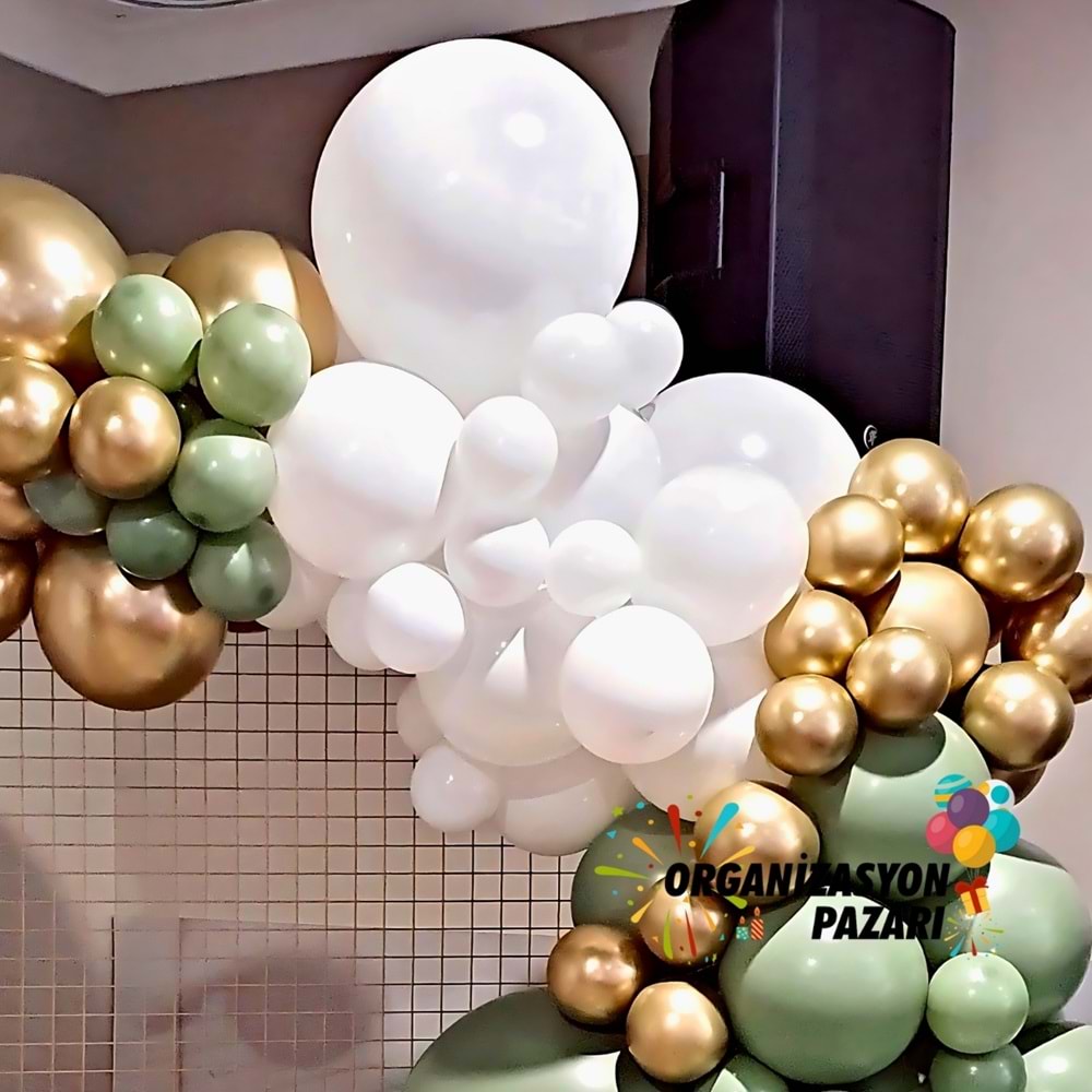 Balon Seti Kış Yeşili-Beyaz-Krom Gold 60 Lı Balon Zinciri Seti