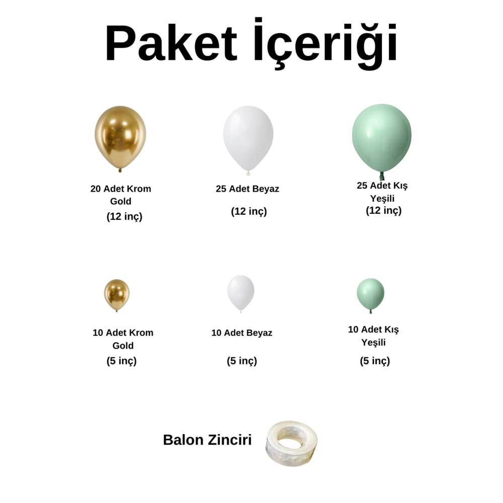 Balon Seti Kış Yeşili-Beyaz-Krom Gold 100 Lü Balon Zinciri Seti