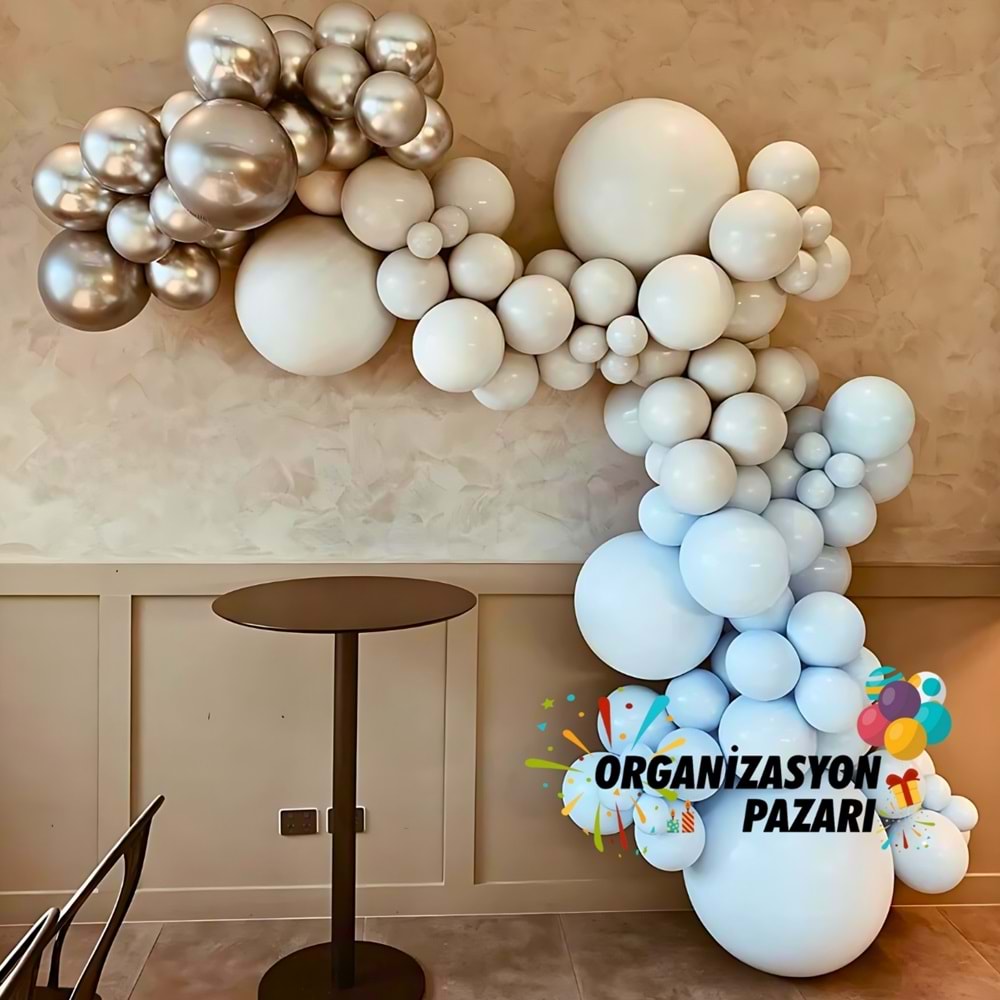 Balon Seti Krom Gümüş-Duman-Makaron Mavi 100 Lü Balon Zinciri Seti