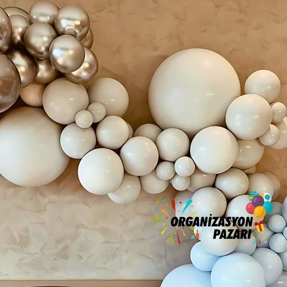 Balon Seti Krom Gümüş-Duman-Makaron Mavi 100 Lü Balon Zinciri Seti