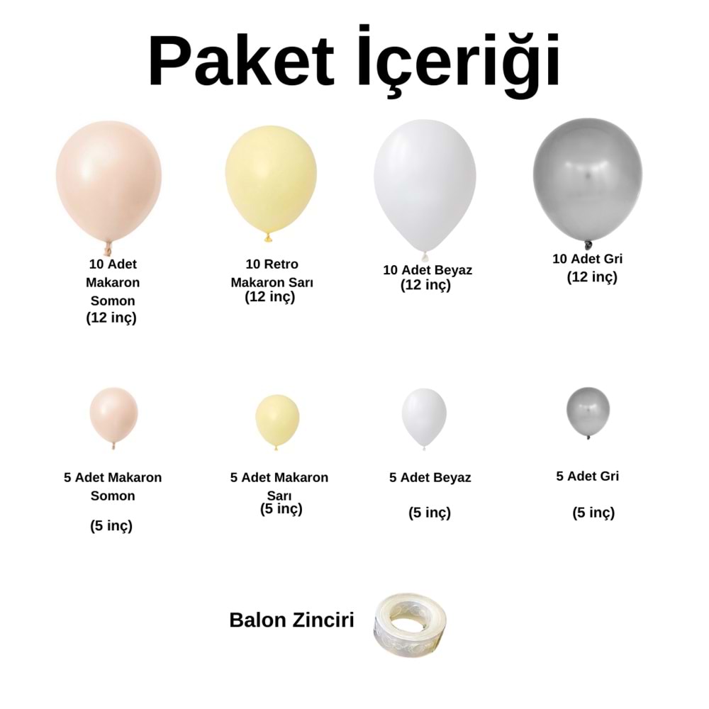 Balon Seti Makaron Somon-Makaron Sarı-Beyaz-Gri 60 Lı Balon Zinciri Seti