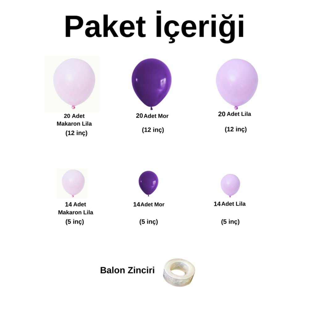 Balon Seti Makaron Lila-Mor-Lila 100 Lü Balon Zinciri Seti