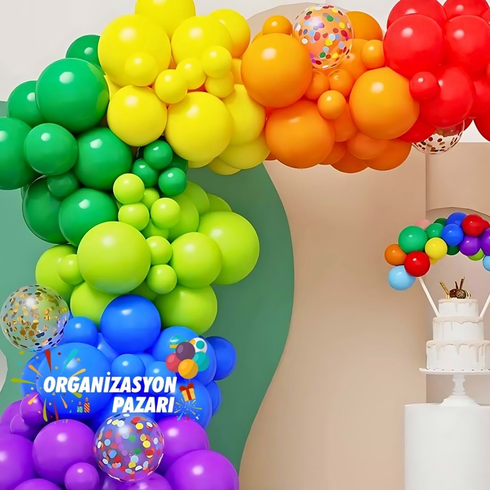 Balon Seti Mor-Mavi-Fıstık Yeşili-Yeşil-Turuncu-Kırmızı-Sarı 100 Lü Balon Zinciri Seti