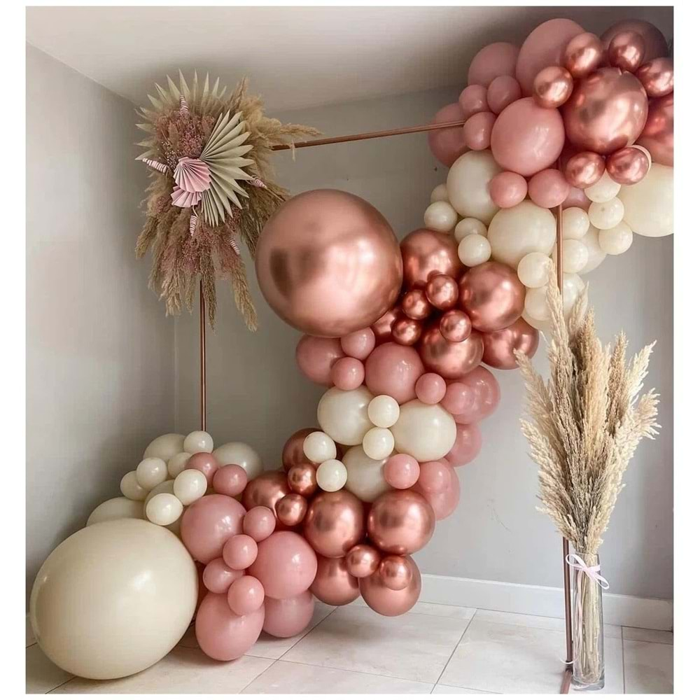 Balon Seti Retro Beyaz-Retro Pembe-Krom Rose Gold 60 Lı Balon Zinciri Seti