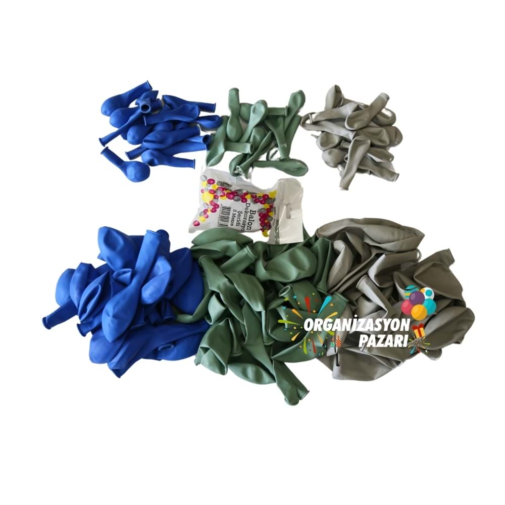 Balon Seti Mavi-Retro Beyaz-Kış Yeşili 100 Lü Balon Zinciri Seti