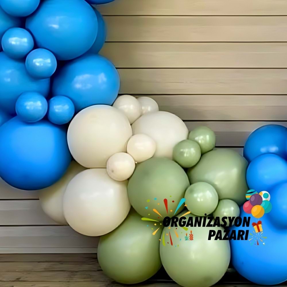 Balon Seti Mavi-Retro Beyaz-Kış Yeşili 100 Lü Balon Zinciri Seti