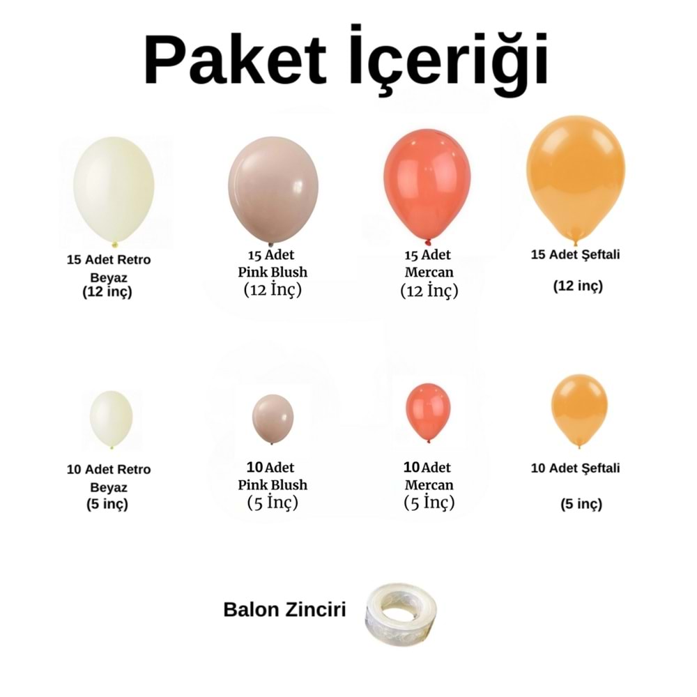 Balon Seti Retro Beyaz-Pink Blush-Mercan-Şeftali 100 Lü Balon Zinciri Seti