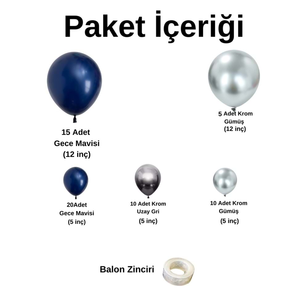 Balon Seti Gece Mavisi-Krom Gümüş-Krom Uzay Gri 60 Lı Balon Zinciri Seti