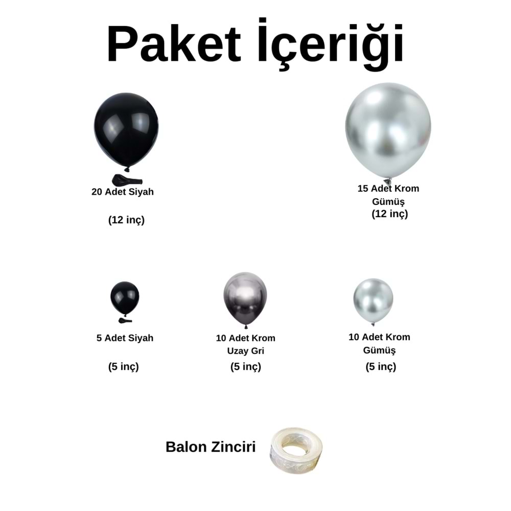 Balon Seti Gece Mavisi-Krom Gümüş-Krom Uzay Gri 60 Lı Balon Zinciri Seti