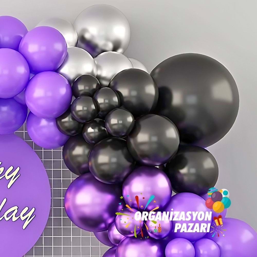 Balon Seti Siyah-Krom Mor-Lila-Krom Gümüş 60 Lı Balon Zinciri Seti