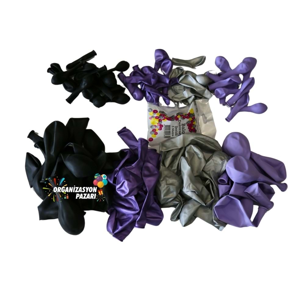 Balon Seti Siyah-Krom Mor-Lila-Krom Gümüş 60 Lı Balon Zinciri Seti