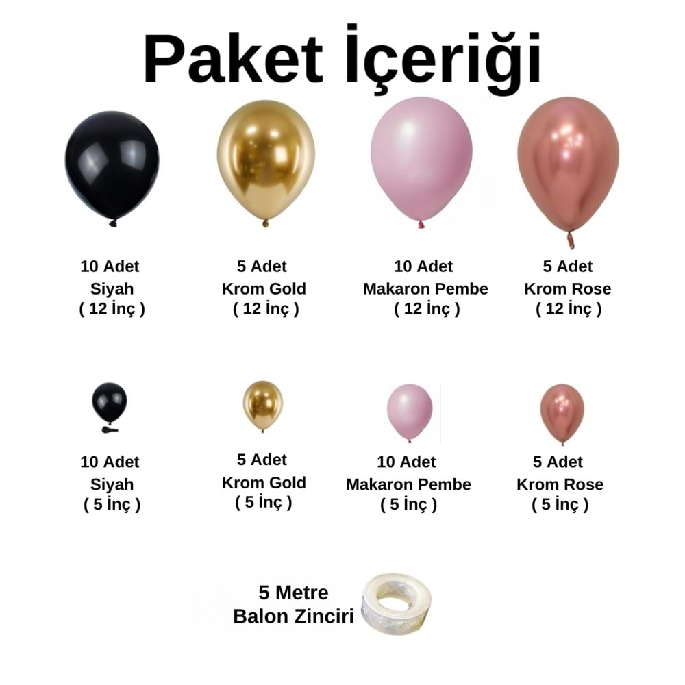 Balon Seti Siyah-Krom Gold-Makaron Pembe-Krom Rose Gold 60 Lı Balon Zinciri Seti