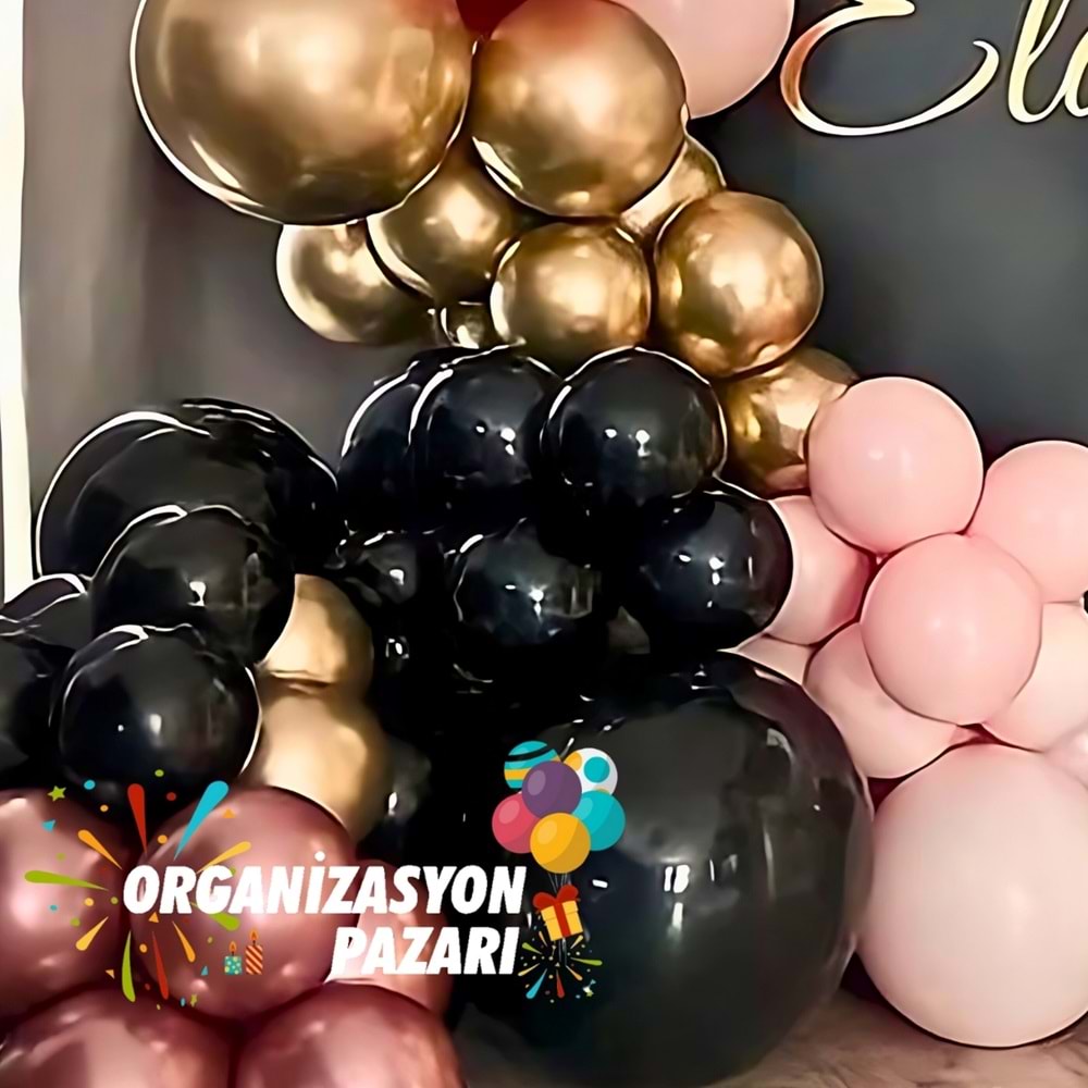 Balon Seti Siyah-Krom Gold-Makaron Pembe-Krom Rose Gold 60 Lı Balon Zinciri Seti