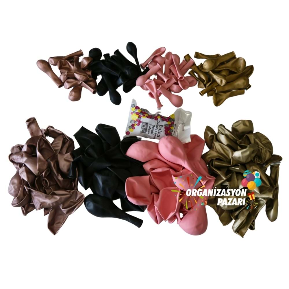 Balon Seti Siyah-Krom Gold-Makaron Pembe-Krom Rose Gold 60 Lı Balon Zinciri Seti