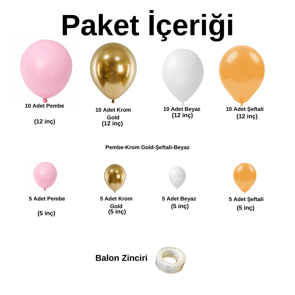 Balon Seti Şeker Pembe-Krom Gold-Şeftali-Beyaz 60 Lı Balon Zinciri Seti