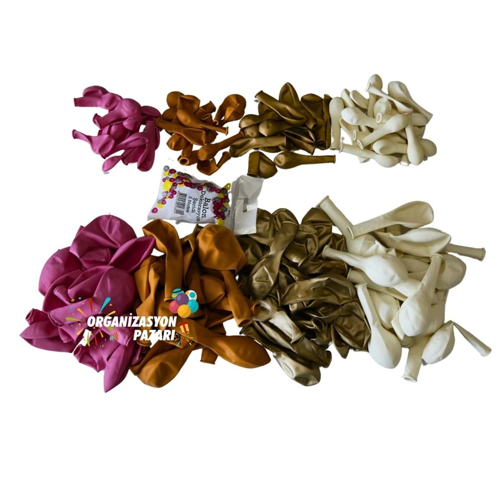 Balon Seti Şeker Pembe-Krom Gold-Şeftali-Beyaz 60 Lı Balon Zinciri Seti