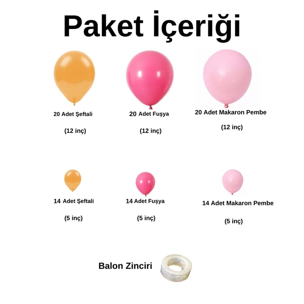 Balon Seti Şeftali-Fuşya-Makaron Pembe 100 Lü Balon Zinciri Seti